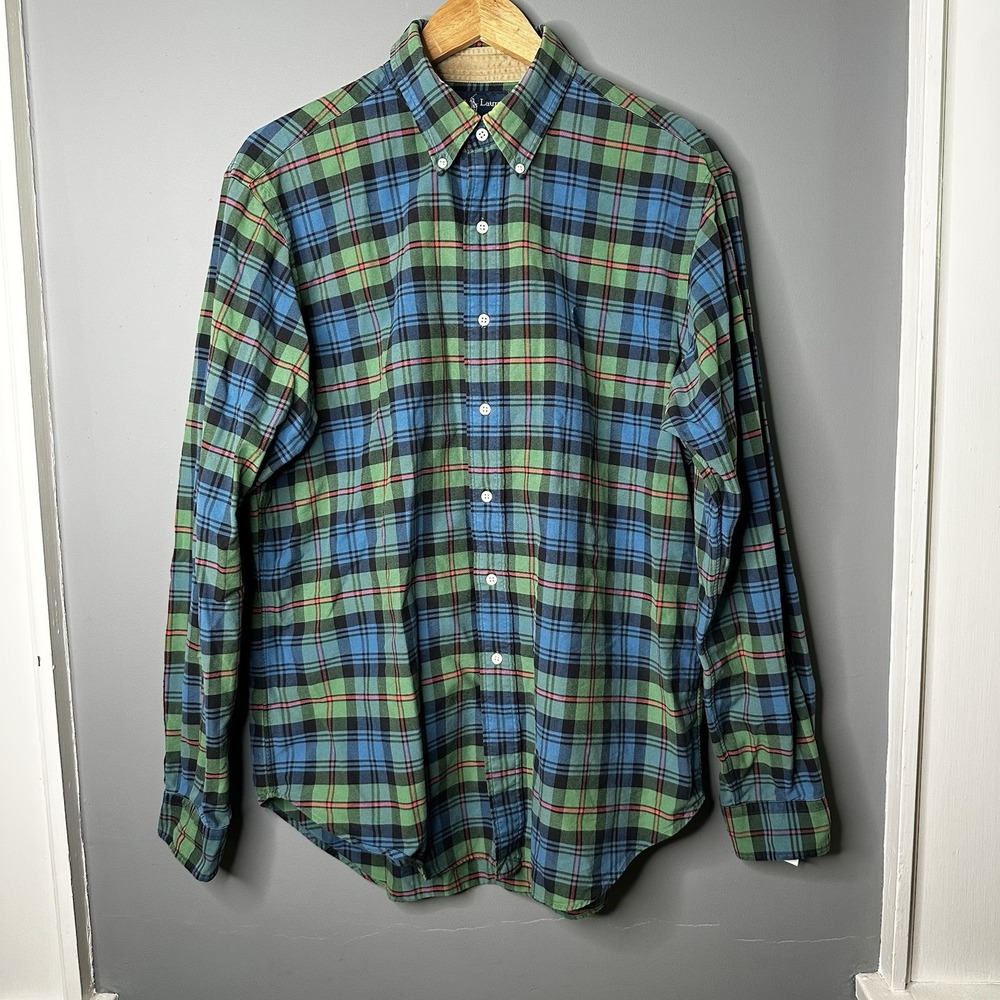Polo‎ Ralph Lauren Mens Large Plaid Button Down Shirt Green Blue Cotton Oxford